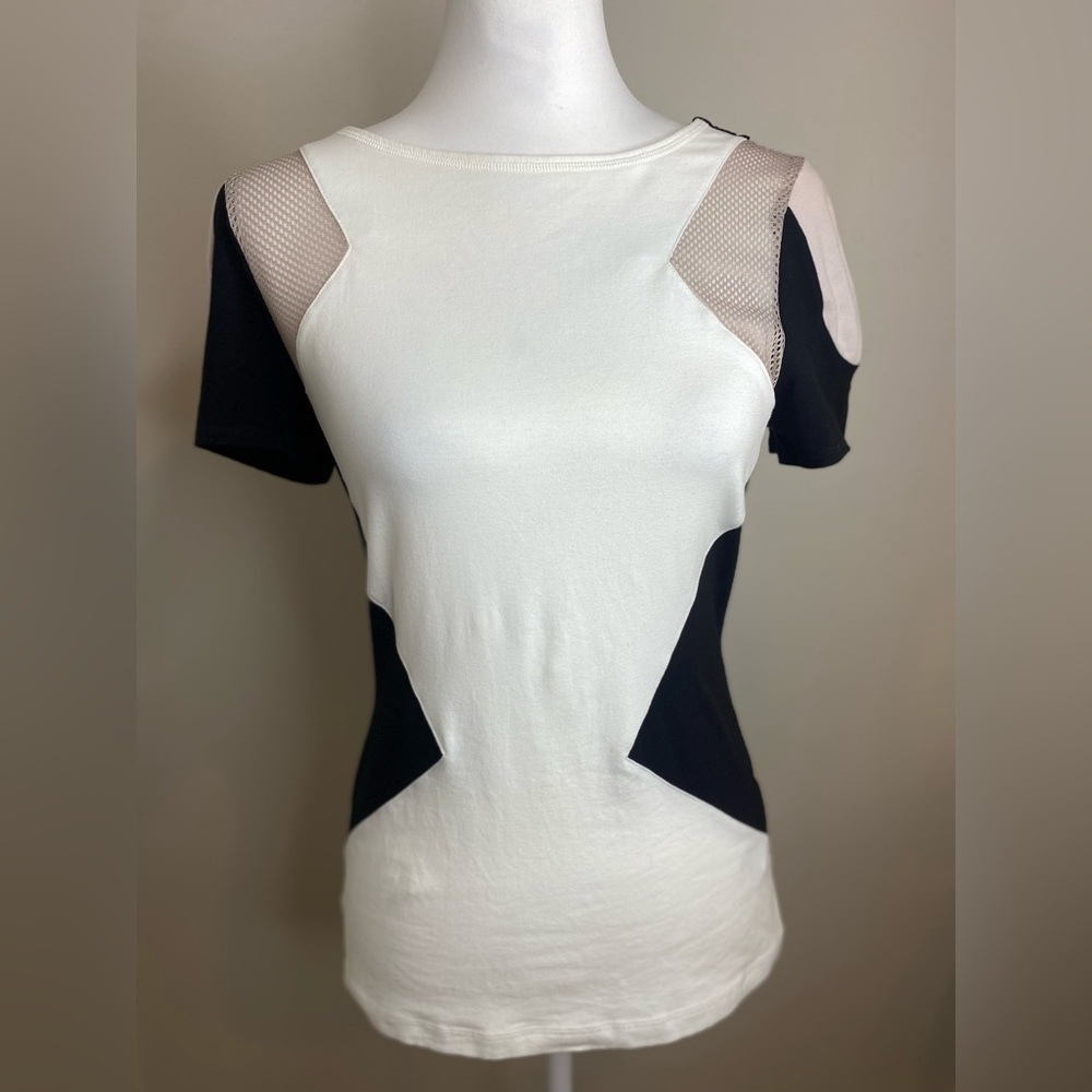 Karen Millen Cotton Colorblock Cap Sleeve Tan Black White Short Sleeve Top Small